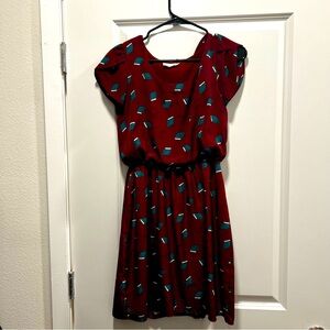 Modcloth Peach Love Mini Dress Women's Small with Books/Glasses in Burgundy
